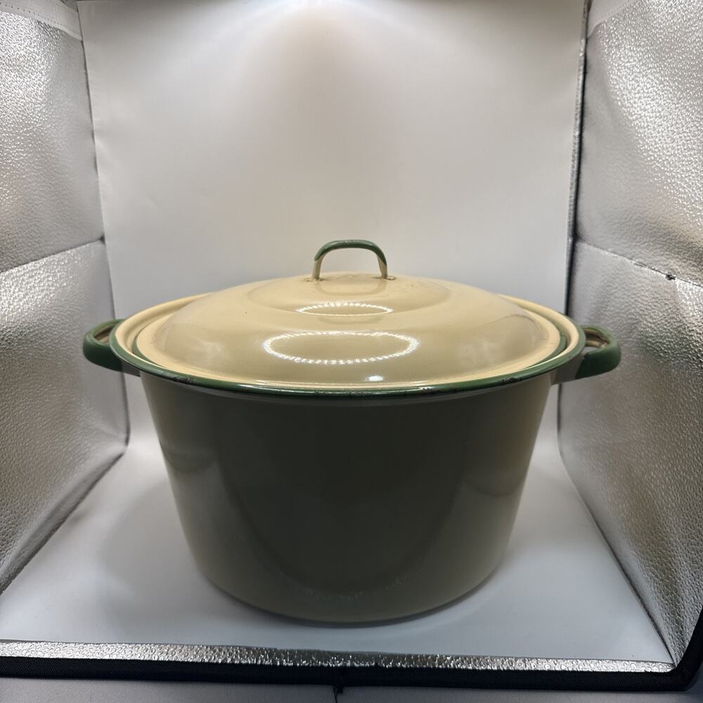 Vintage Cream And Green Enamel Dutch Oven With Lid